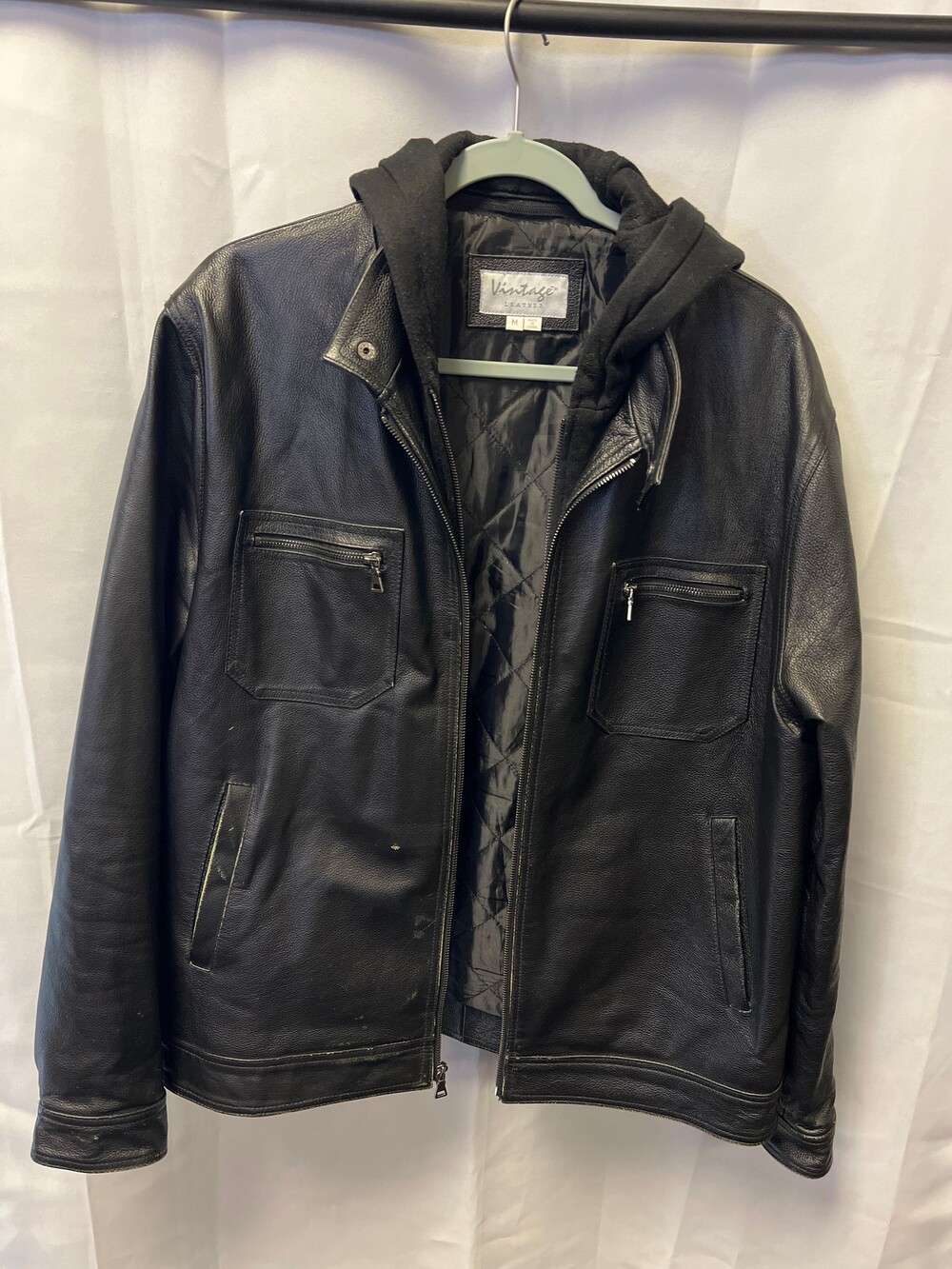 Vintage Leather Medium Black Leather Jacket with Hooded Lining